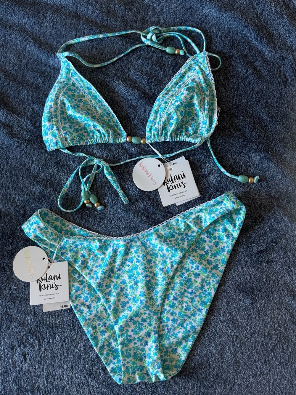 NWT Kulani Kinis Floral Halter Bikini Top & HipsterBikini Bottom Ocean Aura👙💚🩵🌸